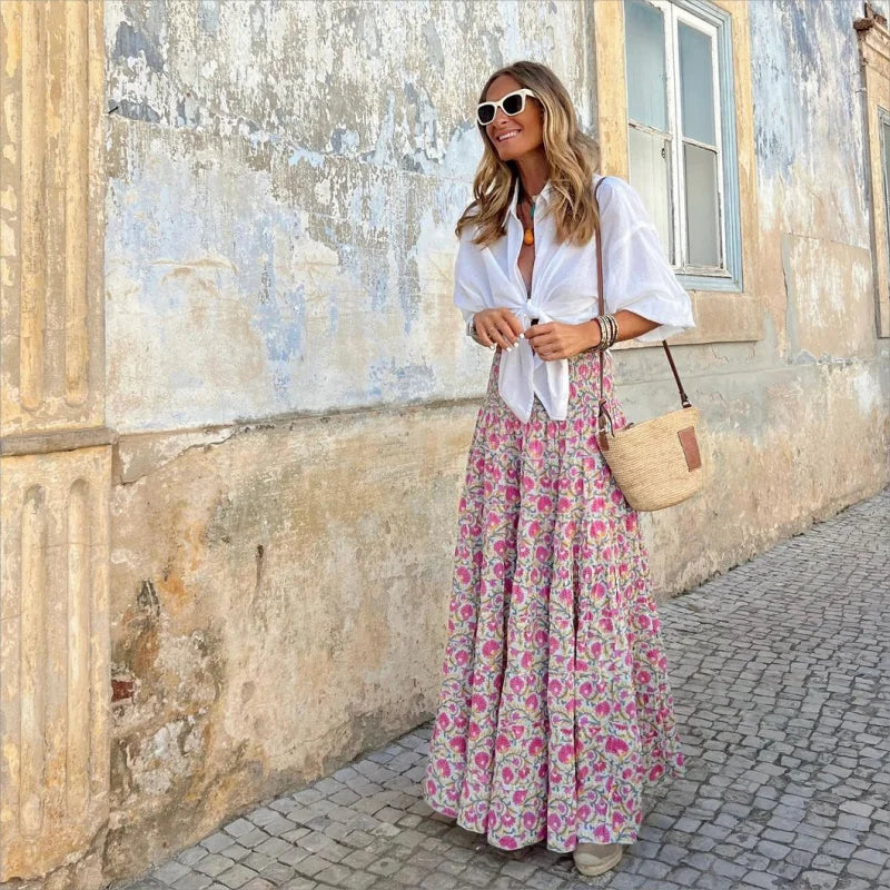 Women’s | Boho Floral Maxi Skirt with Elastic Waist