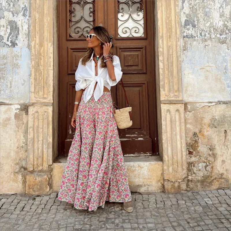 Women’s | Boho Floral Maxi Skirt with Elastic Waist