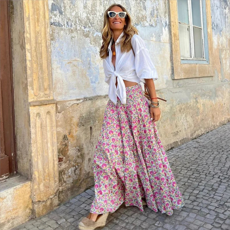 Women’s | Boho Floral Maxi Skirt with Elastic Waist